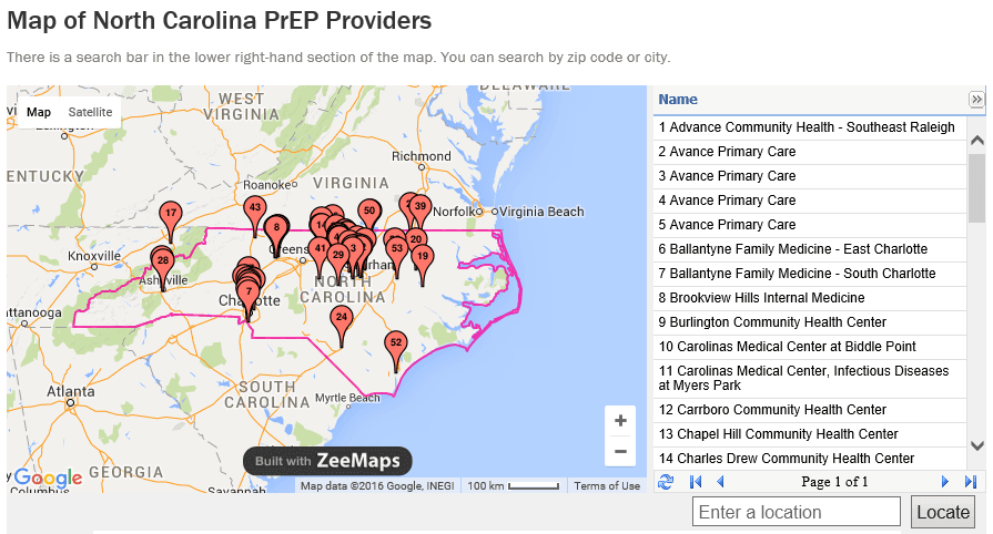 Map of NC PrEP Providers